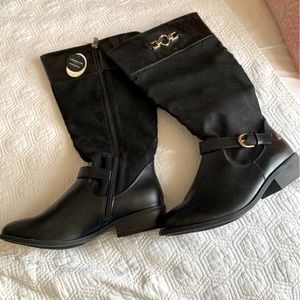 NWT London Fog Harlington Riding Boots, black faux leather/suede, 11
